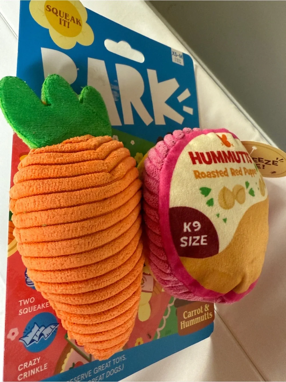 Bark Dog Chew Toy Squeaky Hummus Carrot Crinkle XS Small Med Pups Gift NWT